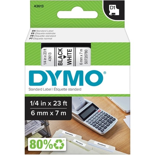 Dymo D1 Electronic Tape Cartridge - 1/4" Width - Thermal Transfer - White - Polyester - 1 Each