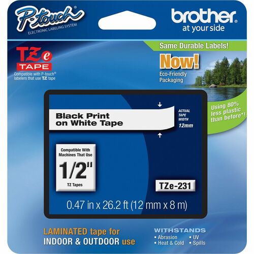 Brother P-touch TZe Laminated Tape Cartridges - 11.94 mm - Rectangle - White - 1 Each