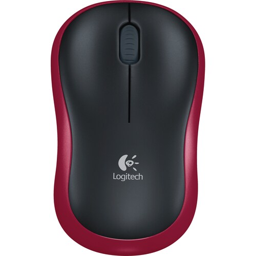 Logitech M185 Mouse - Radio Frequency - USB - Optical - 3 Button(s) - Red, Black - Wireless - 2.40 GHz - Scroll Wheel - Sy