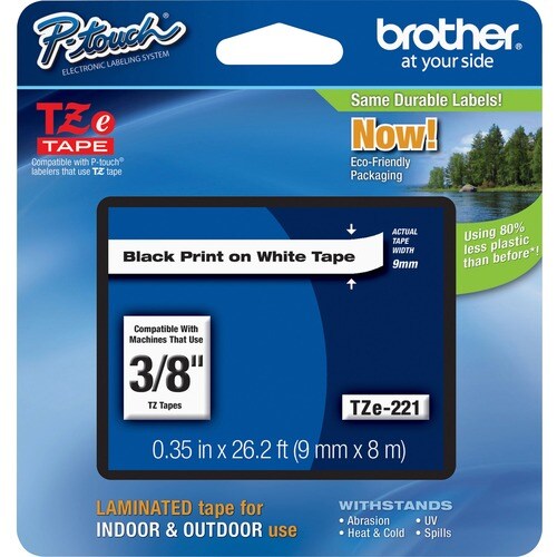 Brother P-touch TZE221 Label Tape - 9.53 mm - Rectangle - White - 1 Each