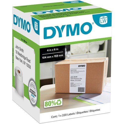 Dymo LabelWriter 4XL Extra Large Shipping Labels - 4" x 6" Length - Rectangle - Thermal Transfer - White - 220 / Roll - 1 