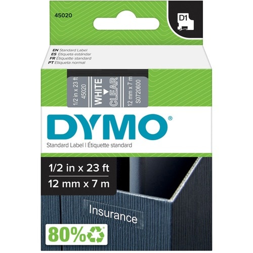 Dymo D1 Electronic Tape Cartridge - 1/2" Width - Thermal Transfer - Clear - Polyester - 1 Each