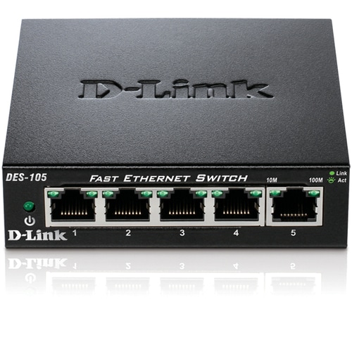 D-Link DES-105 5 Ports Ethernet Switch - Fast Ethernet - 10/100Base-TX - 2 Layer Supported - AC Adapter - Desktop
