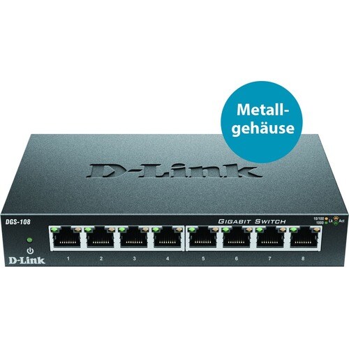 D-Link DGS-108 8 Ports Ethernet Switch - Gigabit Ethernet, Fast Ethernet - 10/100/1000Base-T - 2 Layer Supported - AC Adap