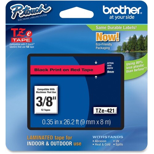 Brother P-touch TZe421 Label Tape - 8.89 mm - Rectangle - Thermal Transfer - Black, Red - 1 Each