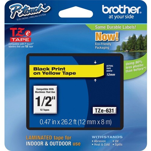 Brother P-touch TZE631 Label Tape - 12 mm - Rectangle - Yellow - 1 Each