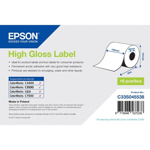 Epson Multipurpose Label - 102 mm Width x 33 m Length - Permanent Adhesive - Rectangle - Inkjet - White - Paper - 1 / Roll