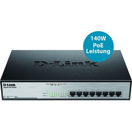 D-Link DGS-1008MP 8 Ports Ethernet Switch - 2 Layer Supported - Twisted Pair - Shelf Mountable, Rack-mountable, Desktop
