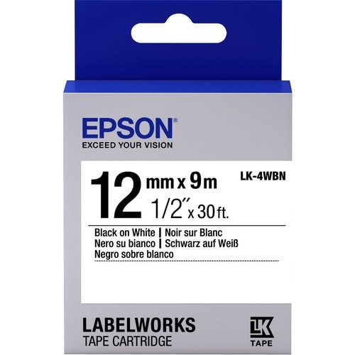 Epson LK-4WBN Label Tape - 12 mm x 9 m Length - Black on White - 1 Pack