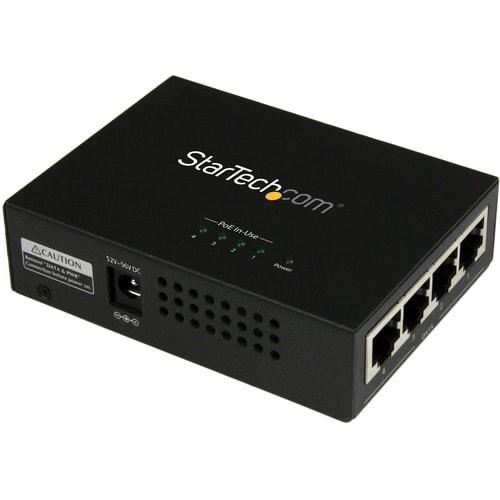 StarTech.com PoE Injector - 52 V DC, 2.31 A Output - 4 Input Port(s) - 4 Output Port(s) - Wall Mountable - Black