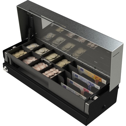 APG Cash Drawer Cash Drawer - 4 Bill - 8 Coin - 1 Media Slot - 2 Lock Position, Printer Driven - Steel, ABS Plastic - Blac
