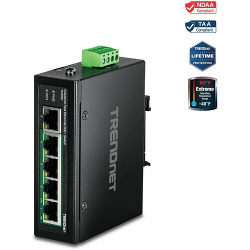 Switch Ethernet TRENDnet TI-PE50 5 Porte - Nuovo - 2 Layer supportato - Coppia incrociata - Montaggio su guida DIN, Parato