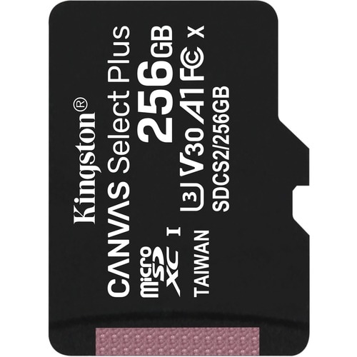 Kingston Canvas Select Plus 256 GB Class 10/UHS-I (U3) microSDXC - 1 Pack - 100 MB/s Read - 85 MB/s Write - Lifetime Warranty