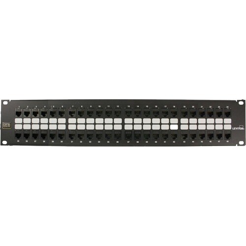 Leviton Cat 5e QuickPort Patch Panel, 48-Port, 2RU. Cable Management Bar Included - 48 Port(s) - 48 x RJ-45 - 2U High - Bl