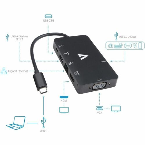 Estación de acoplamiento V7 V7UC-U3CRJ45HDVG-BLK USB Tipo C para Ordenador sobremesa - 100 W - 4 x puertos USB - 2 x USB 3