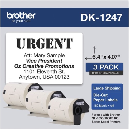 Brother DK Shipping Label - 6 2/5" x 4 1/16" Length - Rectangle - Thermal - White - Paper - 180 / Roll - 3 / Roll