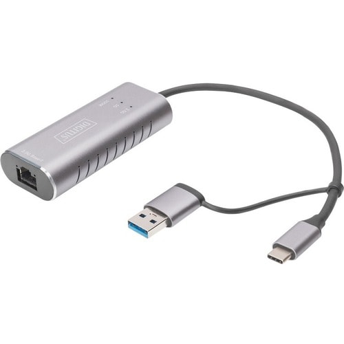 Digitus DN-3028 USB/Ethernet Combo Hub - USB 3.1 Type C, USB 3.0 Type A - External - Grey - 1 Network (RJ-45) Port(s) - PC