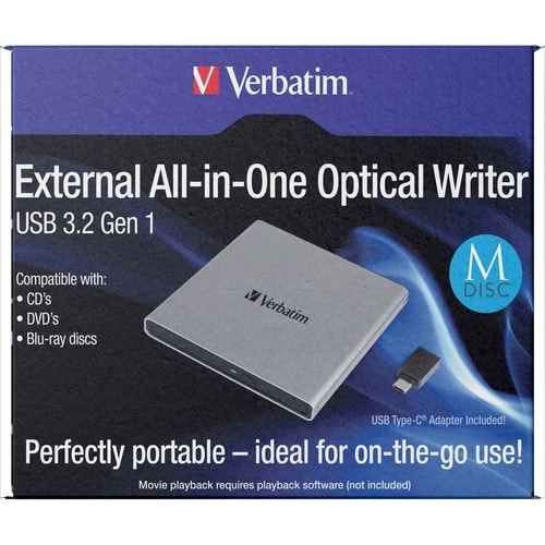Verbatim External All-in-One Optical Writer - BD-R Support/24x CD Write/6x BD Write/8x DVD Write - USB 3.2 Gen 1